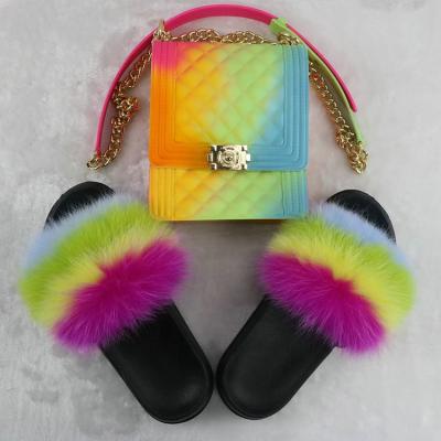 China 2020 New Design Multicolor Anti-slippery Color Jelly Bag Fur Slides With Purse Set Fur Slides for sale