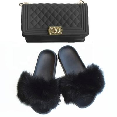 China Large Lightweight Custom Faux Mink Fox Fur Slides and Matching Purse for Women and Kids for sale