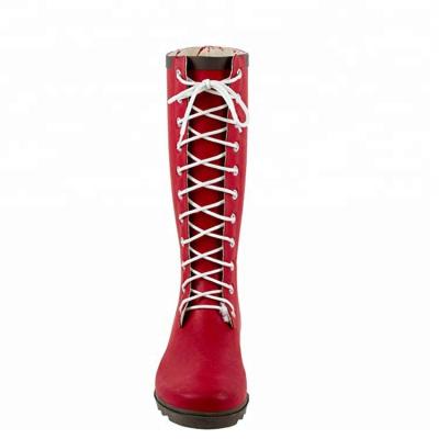 China Wholesale Red Rubber Lace Up Boots Long Rain Wellington Boots for sale