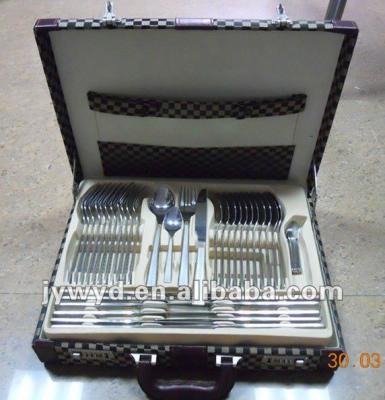 China Disposable High Quality 84pcs Cutlery Set With Leather Case Stainless Steel Flatware Knife Fork Spoon Set for sale