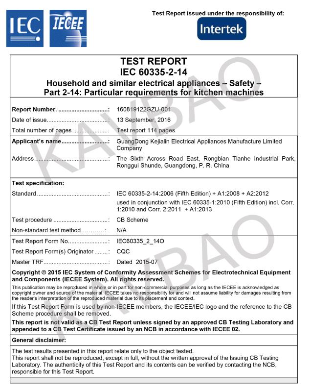 SG501 -- CB Test - SHENZHEN KAVBAO HOUSEHOLD COMMODITY CO., LTD