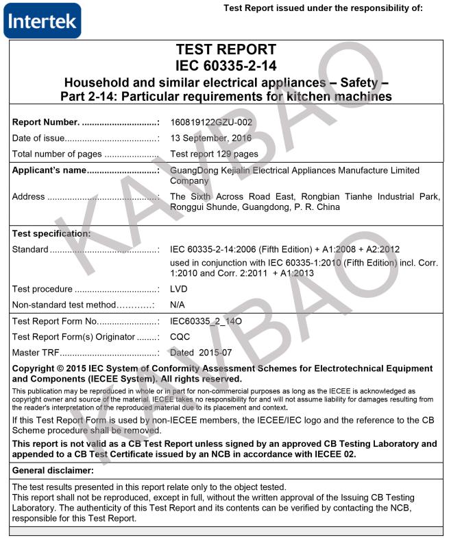 SG501 -- LVD Test report - SHENZHEN KAVBAO HOUSEHOLD COMMODITY CO., LTD