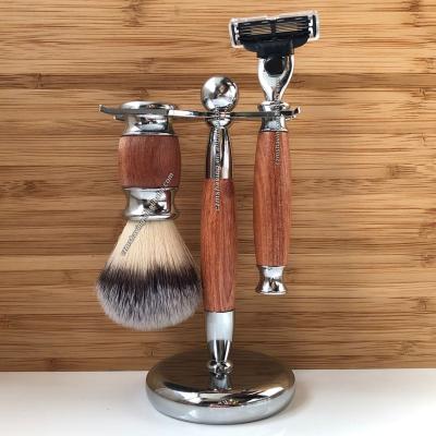 China Men's Shaving Brush Men's Synthetic Hair Beard Brus Triple Blades & Metal Holder Rosewood Wood Handle for sale