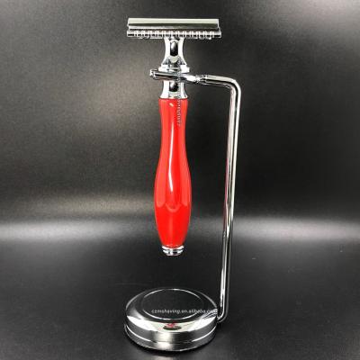 China Single Blade Red Resin Safety Single Edge Plastic Razor Handle Chrome Razor Stand Holder Set for sale