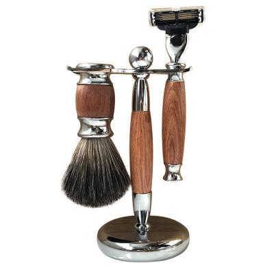 China Hot Selling Triple Blade Rosewood Metal Handle Badger Hair Brush Wooden Triple Blades Razor Shaving Set for sale