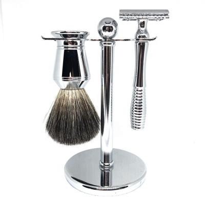 China Popular Double Edge Safety Razor Double Edge Safety Razor Badger Hair Shaving Brush Metal Chrome Handle Set for sale