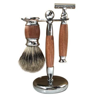 China Face Maker Wooden Rosewood Metal Handle Holder Double Edge Sets Bristle Beard Brush Kit for sale