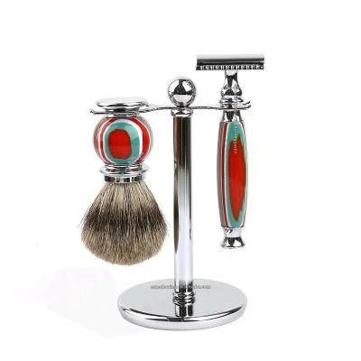 China Pure Badger Hair Beard Brush Shaving Brush China Factory Manufacturer Resin Metal Handle Edge Safety Razor Christmas Double Shaving Brush for sale