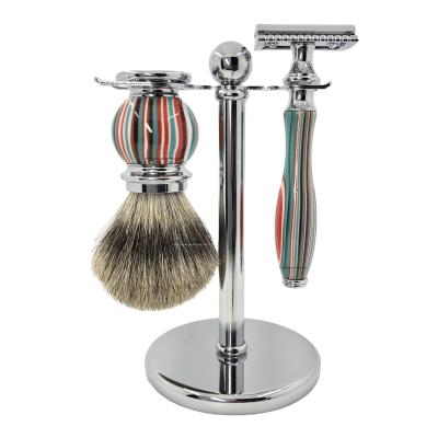 China Shaving Brush Manufacturer Pure Badger Hair Knots Wet Shaving Beard Brush Double Edge Safety Razor Metal & Resin Handle Stripe Shaving Set for sale