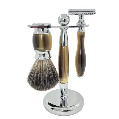 China Shaving Brush China Manufacturer Badger Hair Beard Brush Faux Ox Horn Resin Double Edge Safety Razor Zinc Alloy Head Wet Shaving Set for sale