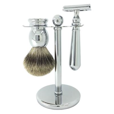 China Reusable Popular Pure Double Edge Metal Chrome Brush Mustache Beard Brush Badger Hair Shaving Brush Set Barber Neck Brush Safety Razor for sale