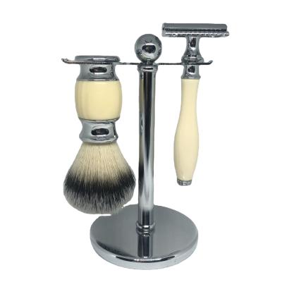 China Popular Brush Faux Shaving Brush Resin Shaving Brush Resin Handle Chrome Metal Ivory Safety Razor Set Razor Zinc Alloy Head for sale