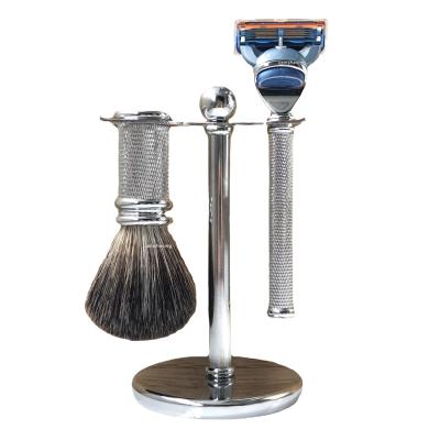 China Shaving Brush Badger Hair Knot Shaving Brush 5 Blade Razor Set Chrome Metal Handle Razor Zinc Alloy Head for sale