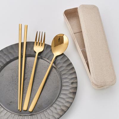 China Cutlery Kit Gold 18/10 Stainless Steel Spoon Fork Knife Viable Chopstciks With Tin Case for sale