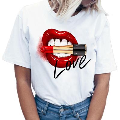 China QUICK DRY Red Mouth Lip Love Print T Shirts Base O-neck Short Sleeve Women T-shirt All-match White Tee Funny Women's Blouse Tops for sale