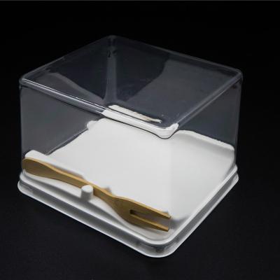 China Disposable Plastic Clear Mini Rectangle Cake Box Packaging Pet Food Grade Cupcake Container With Fork for sale