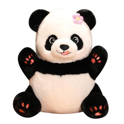 China 2023 new design 25cm panda plush toys with flowers on the head and bamboo sprout style supporting for kids play for sale