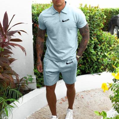 China Breathable Custom Add Brand LOGO Summer Mens Tracksuit Jogger 2 Piece Solid Short Sleeve Zip Up Polo Shirt And Sweat Shorts Set For Men for sale