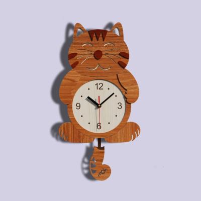 China Lovely Style Antique Wood Modern Tail Wooden Cartoon Children's Wall Clock Wagging Cat Swings Wall Clock for sale