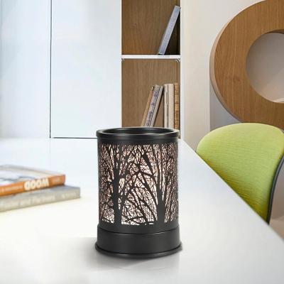 China Home Electric Black Essential Oil Burner Melting Wax Warmer Metal Forest Pattern Fragrance Kerosene Lamp for sale