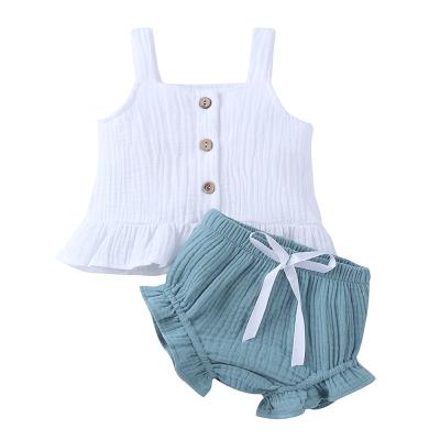 China Plus Size Summer Girls Sets Two Pieces Chiffon Solid Button Two Pieces Casual Cotton Canvas Sleeveless Clothes Sets for sale