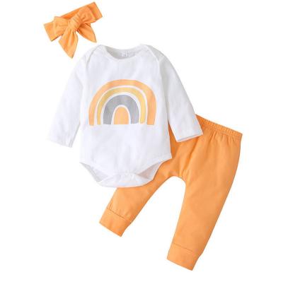 China Wholesale Newborn 100% Cotton Clothing Sets Rainbow Anti-wrinkle Baby Clothes Headbands 3pcs Outfit Set for sale