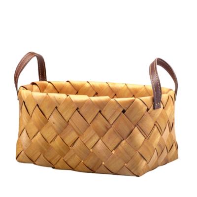 China KINGWILLOW Eco - Friendly , Handmade Rectangle Wooden Storage Basket With PU Handle for sale