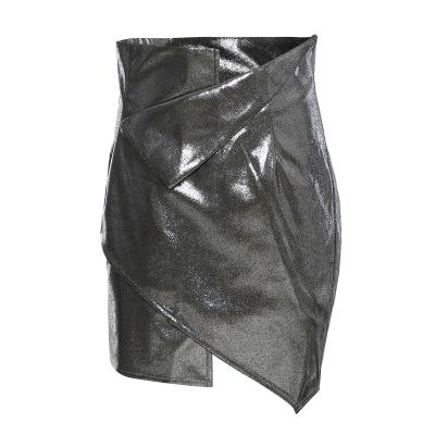 China Women's 100% PU skirt metallic shiny space bag waist short skirt asymmetrical plus hip style silver women's street party skirt for sale