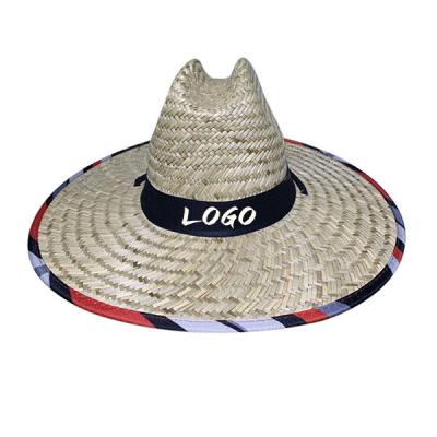 China Picture Breathable Custom Sun Protect Lifeguard Wide Straw Hat With Brim Beach Straw Fishing Hat Men American Flag Logo for sale