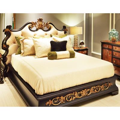 China Well Crafted Neoclassical American Style Black Antique Wood Tufted and Gold Carving Tufted King Size Bed for sale