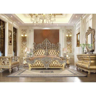 China 2021 New Design Full Leather Rococo Solid Wood Gold Leaf Upholstery King Queen Size Bed Full With Detailed Carvings for sale