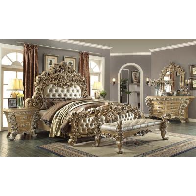 China Full Solid Wood Full Leather King Size Bed/Queen Size Bed With Gold Color Upholstery With Detailed Carvings for sale