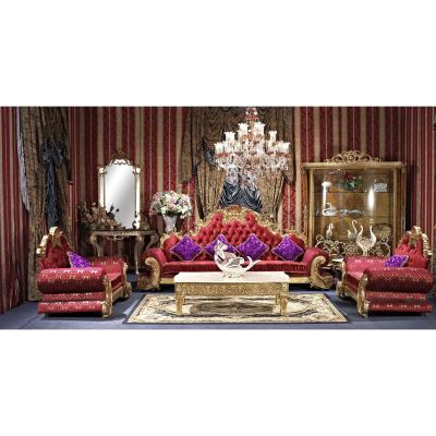 China Hall King Size Red Velvet large luxurious solid wood and gold leaf comfortable large villa living room sectional sofa for sale