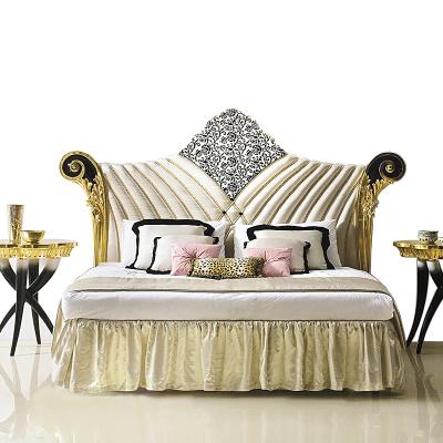 China Tufted Renaissance Classic European Designed Carving Black And Gold Headboard Birch Wood Scroll Decorated King Size Bed for sale