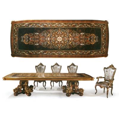 China 10ft Long Palace Style European Royal French Wood Carving Ornate Rectangular Louis XV Boulle Marquetry Work Dining Table Set for sale