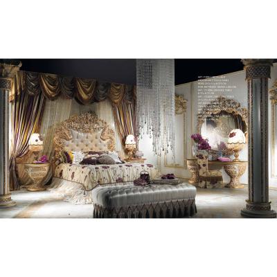 China Solid Wood Rococo Wooden Hand Carving Royal King Size Bed Luxury Villa Bedroom Furniture Set for sale