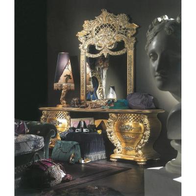 China Classic French Baroque Solid Wood Solid Wood Gold Leaf Carved Ornate Vanity Dressing Table With Mirror for sale