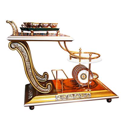 China Louis Replica Gold and Brown Waiter Serving Tea Trolley European Luxury Stylish French Mute Trolley for sale