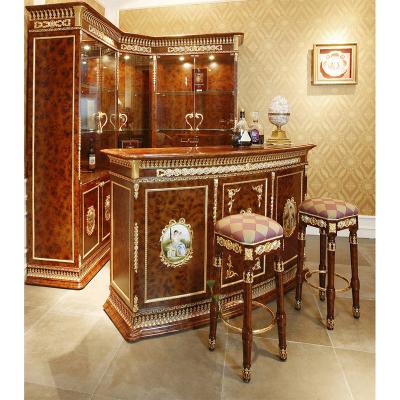 China New Baroque Highly Refined Louis Style Gilt Classic French Bronze and Porcelain Embellished Moon Shaped Burl Wood Bar Counter Set for sale