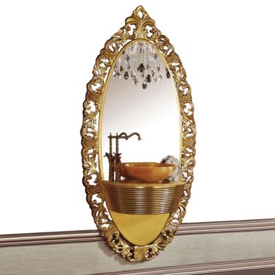 China New Arrival EUROPEAN Classic Royal Baroque Style Gold Plated Carving Wooden Bathroom Vanity With Oval Floral Mirror And Onyx Basin for sale