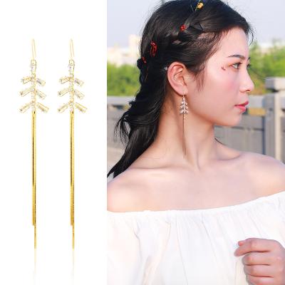 China Copper 925 New Gold Plated Full Rhinestone Zircon Tassel Silver Foil Trendy Long Dangle Earrings For Women for sale