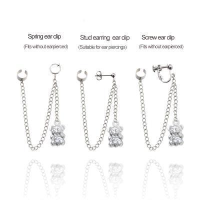 China Stainless Steel Monkey Ear Clip Tassel Dangling Long Chain Earrings For Women Stud Clip for sale