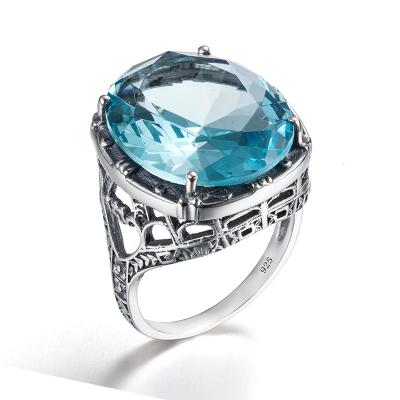 China Big Gemstone Rings Women Oval Blue Topaz Sterling Silver Ring Vintage Jewelry Manufacturer for sale