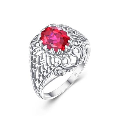 China Vintage Pattern Women Ring Ruby Red Gemstone Silver 925 Rings for sale