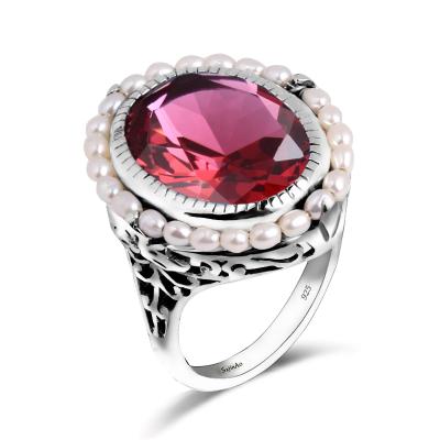 China Vintage Big Band Silver 925 Ring Pearl Oval Ruby Gemstone 925 Silver Jewelry Women for sale