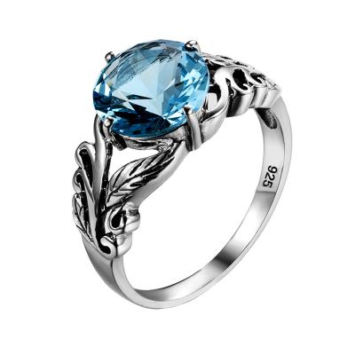 China Jewelry Factory Vintage Rings 925 Sterling Silver Boho Blue Topaz Carved Pattern Goth Crystal Ring Women for sale