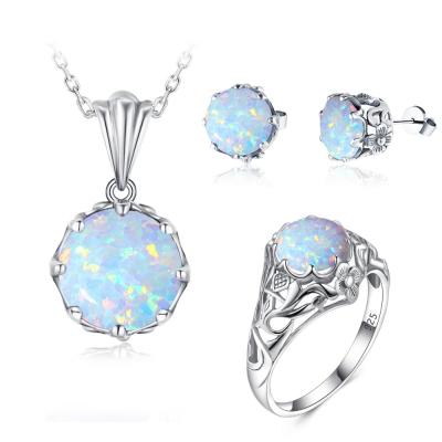 China Real 925 Sterling Silver Jewelry Set Bridal Undefined Sparkling Fire Opal Flower Pendant Earrings Ring Set Fine Jewelry for sale