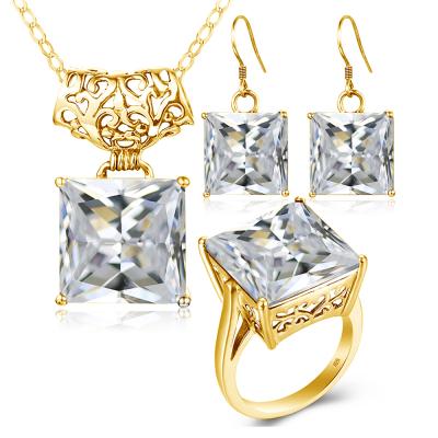 China Classic Women Square Diamond Gold Jewelry Set Big White Gemstone Real 925 Sterling Silver Dubai Rings Earrings Pendant Necklace for sale