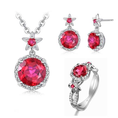 China Szjinao Dropshipping Jewelry Flower Ruby With Zircons Earrings Pendant Ring Boho Ladies 925 Silver Jewelry Set for sale