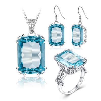 China Victorian Aquamarine Square blue Stone Fine Filigree 925 Sterling Silver Jewelery Women Luxury Jewelry Set for sale